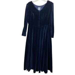 Vintage Laura Ashley Velvet Dress Victorian USA 12 Navy Blue Button Front Midi